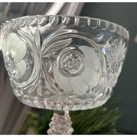 7" American Brilliant Cut Floral Star Crystal Pedestal Footed Bowl Glows Pink! - Picture 6 of 14